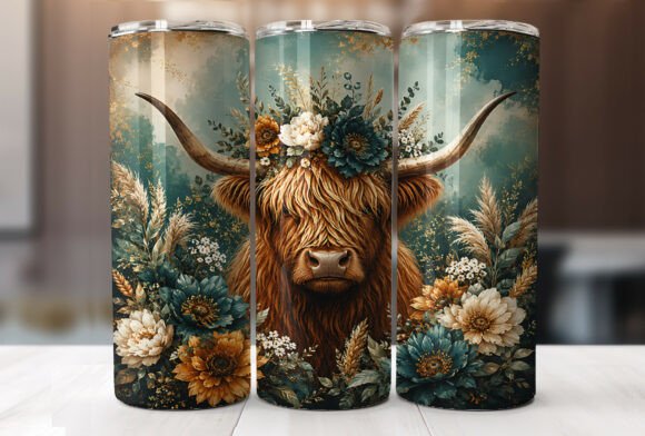 Download Teal Floral Highland Cow Tumbler Wrap - Cow tumbler wrap Collection